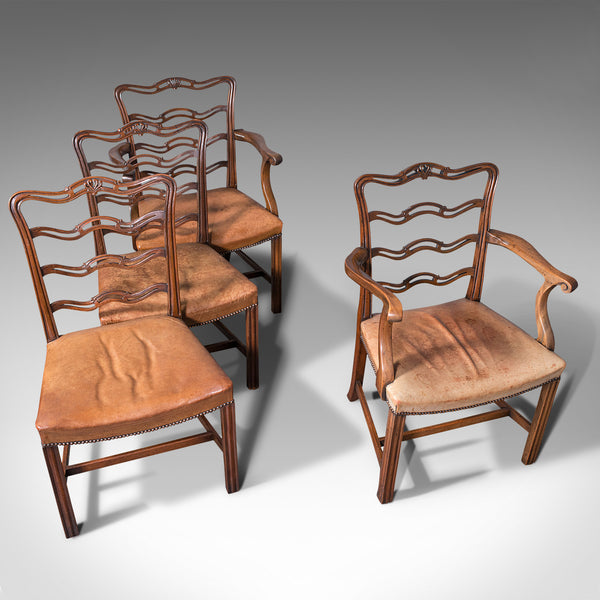 Set Of 4 Vintage Ladder Back Chairs, Irish, Carver, Seat, Art Deco, Circa 1940