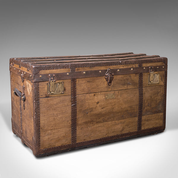 Large Antique Steamer Trunk, English, Pine, Travel, Shipping Chest, Victorian