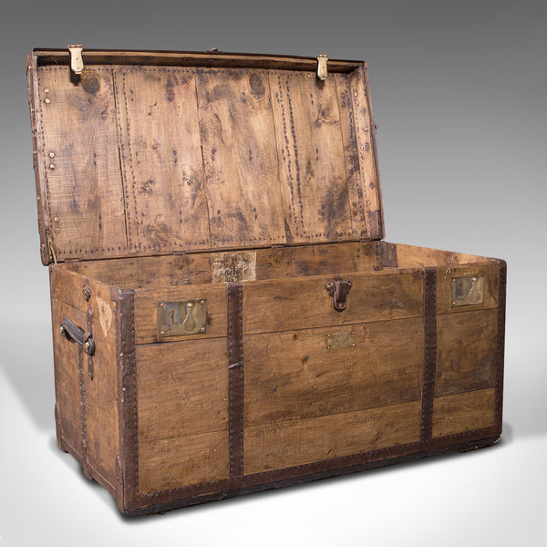 Large Antique Steamer Trunk, English, Pine, Travel, Shipping Chest, Victorian