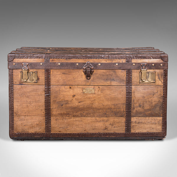Large Antique Steamer Trunk, English, Pine, Travel, Shipping Chest, Victorian