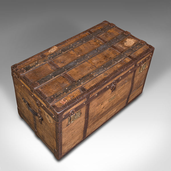 Large Antique Steamer Trunk, English, Pine, Travel, Shipping Chest, Victorian