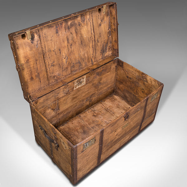 Large Antique Steamer Trunk, English, Pine, Travel, Shipping Chest, Victorian