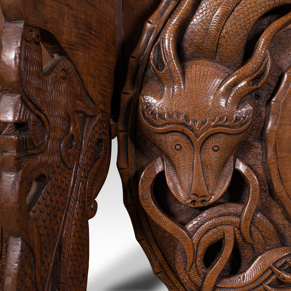 Vintage Carved Occasional Table, Chinese, Elm, Side, Lamp, Art Deco, Circa 1940