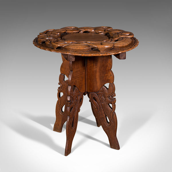 Vintage Carved Occasional Table, Chinese, Elm, Side, Lamp, Art Deco, Circa 1940