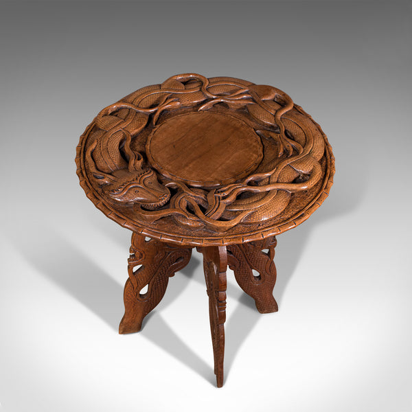 Vintage Carved Occasional Table, Chinese, Elm, Side, Lamp, Art Deco, Circa 1940