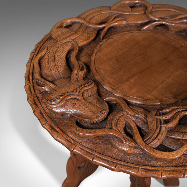 Vintage Carved Occasional Table, Chinese, Elm, Side, Lamp, Art Deco, Circa 1940