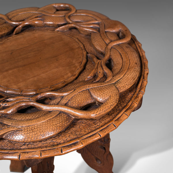 Vintage Carved Occasional Table, Chinese, Elm, Side, Lamp, Art Deco, Circa 1940