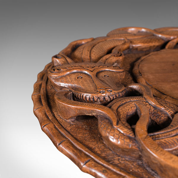 Vintage Carved Occasional Table, Chinese, Elm, Side, Lamp, Art Deco, Circa 1940