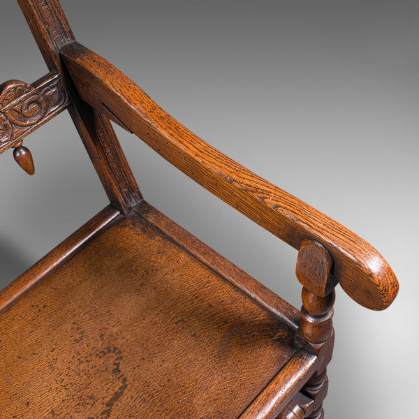 Antique Carved Elbow Chair, Oak, Side, Hall Seat, Jacobean Revival, Victorian