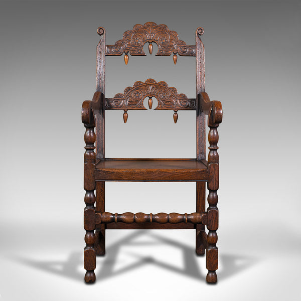 Antique Carved Elbow Chair, Oak, Side, Hall Seat, Jacobean Revival, Victorian
