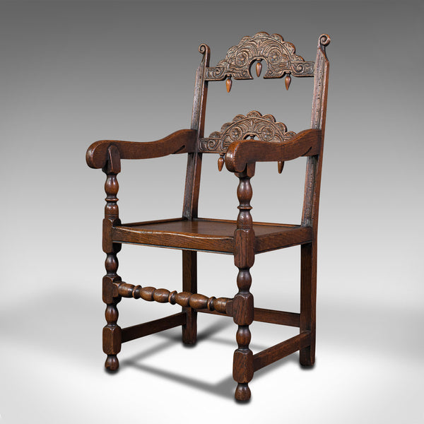 Antique Carved Elbow Chair, Oak, Side, Hall Seat, Jacobean Revival, Victorian