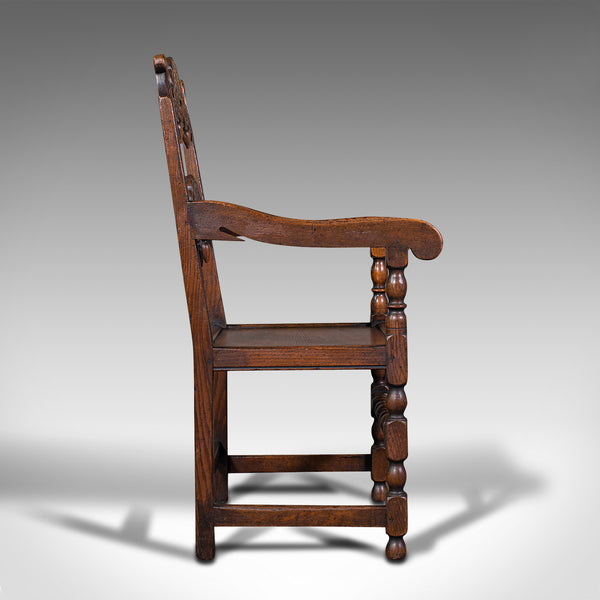 Antique Carved Elbow Chair, Oak, Side, Hall Seat, Jacobean Revival, Victorian