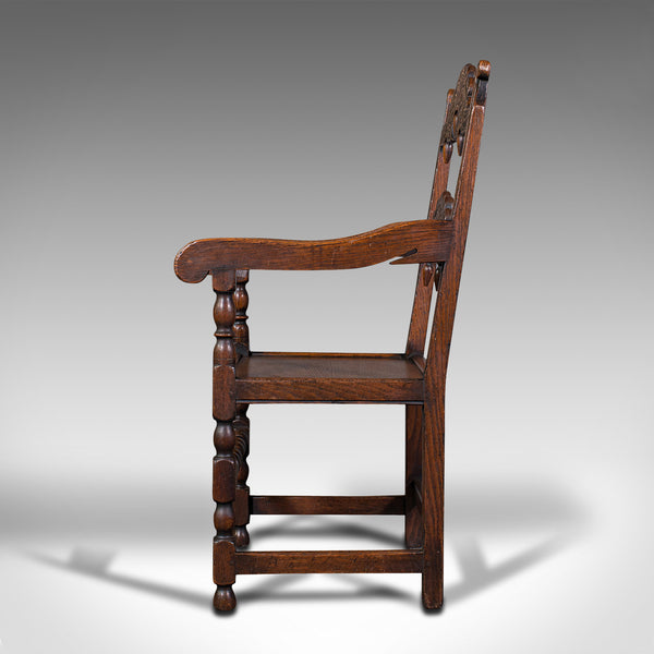 Antique Carved Elbow Chair, Oak, Side, Hall Seat, Jacobean Revival, Victorian