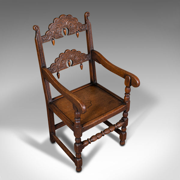 Antique Carved Elbow Chair, Oak, Side, Hall Seat, Jacobean Revival, Victorian