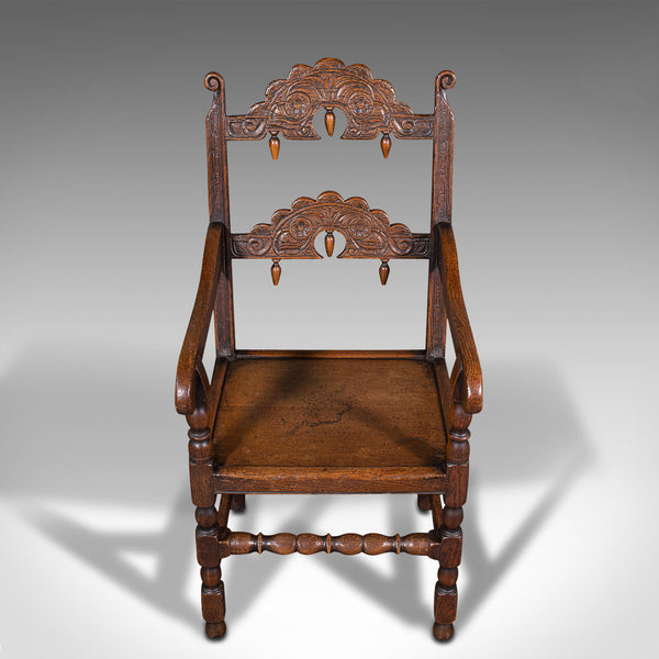 Antique Carved Elbow Chair, Oak, Side, Hall Seat, Jacobean Revival, Victorian