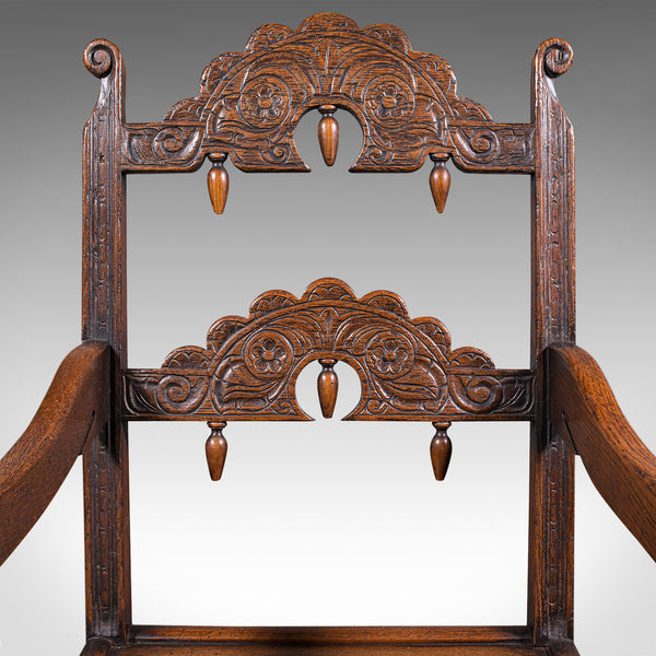 Antique Carved Elbow Chair, Oak, Side, Hall Seat, Jacobean Revival, Victorian