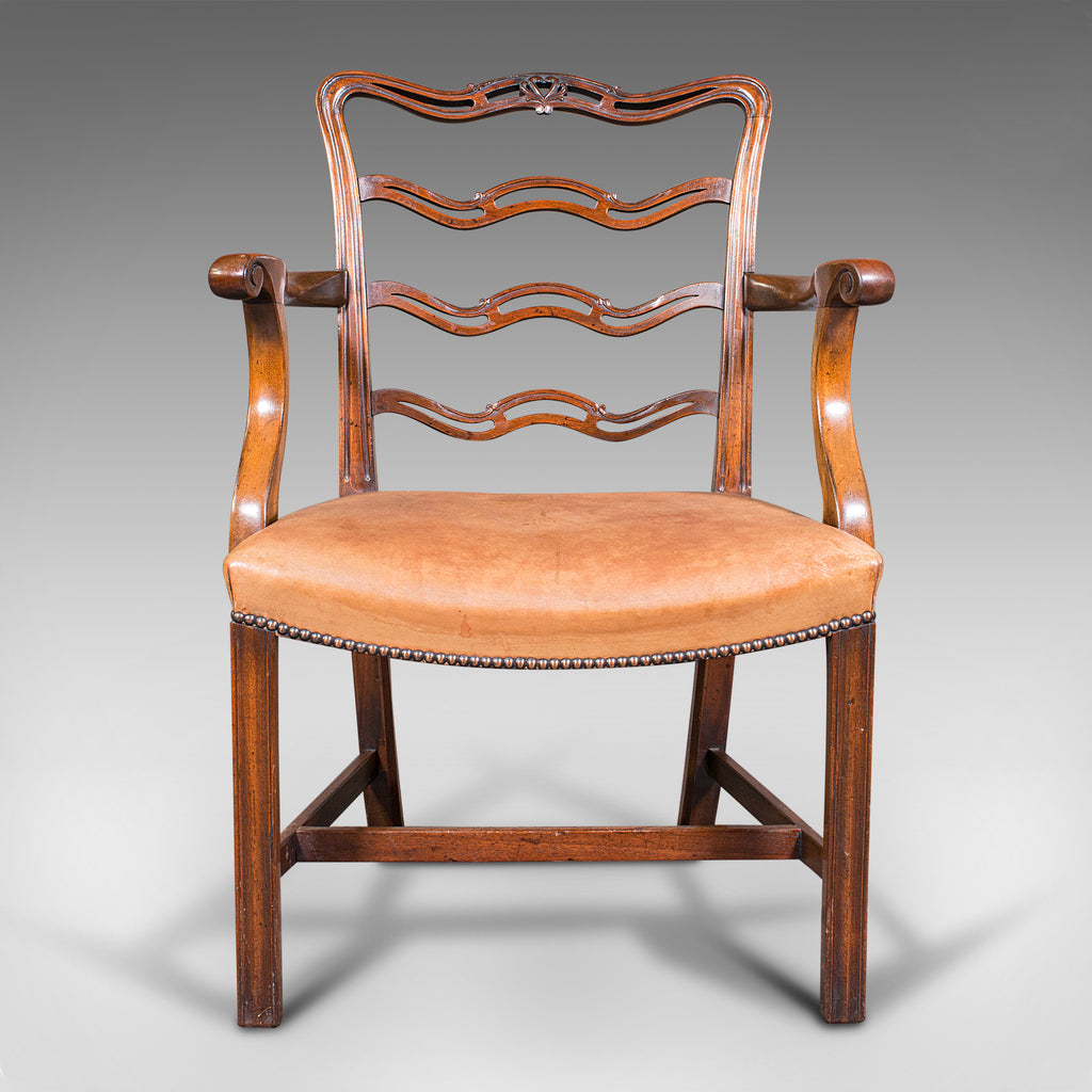 Vintage Ladder Back Study Chair Irish Leather Elbow Seat Carver Art Deco