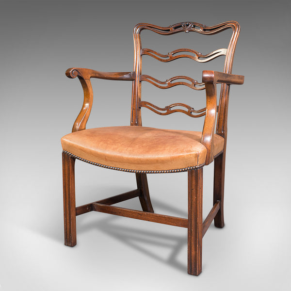 Vintage Ladder Back Study Chair, Irish, Leather, Elbow Seat, Carver, Art Deco