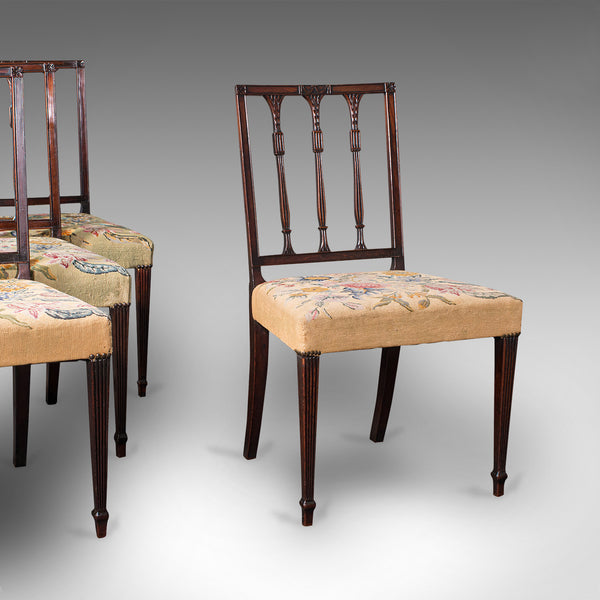 Set Of 4 Antique Embroidered Chairs, English, Dining Seat, After Sheraton, 1780