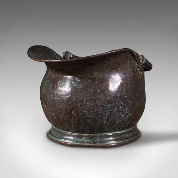 Large Antique Coal Bucket, English, Weathered Copper, Fireside Scuttle, Georgian