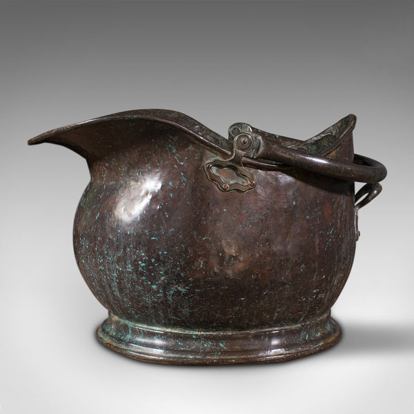 Large Antique Coal Bucket, English, Weathered Copper, Fireside Scuttle, Georgian