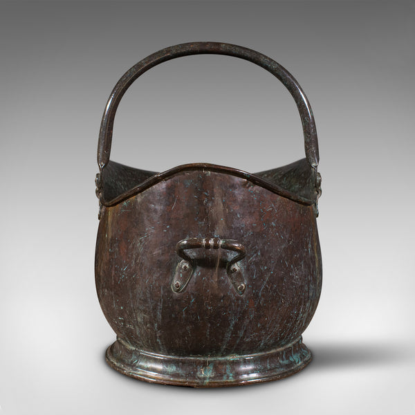 Large Antique Coal Bucket, English, Weathered Copper, Fireside Scuttle, Georgian