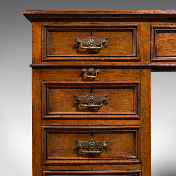 Antique Pedestal Desk, English, Oak, Leather, Writing Table, Victorian, C.1880