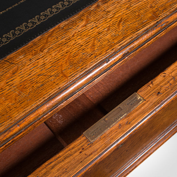 Antique Pedestal Desk, English, Oak, Leather, Writing Table, Victorian, C.1880