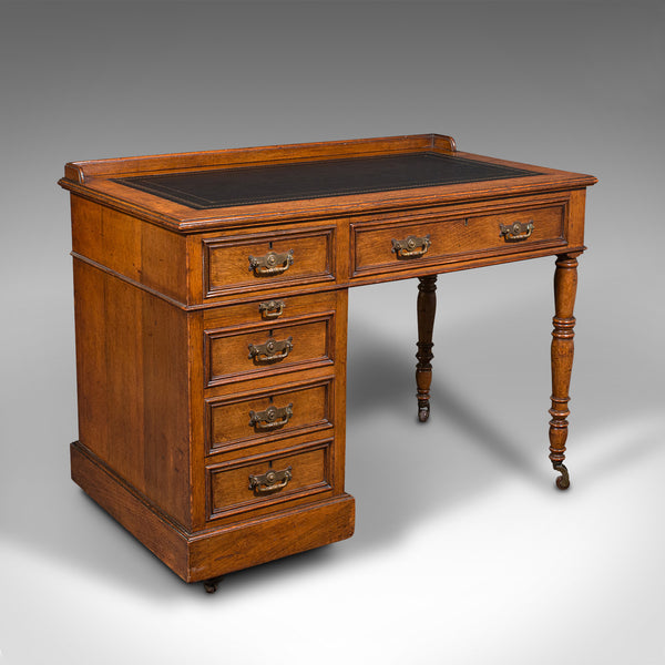 Antique Pedestal Desk, English, Oak, Leather, Writing Table, Victorian, C.1880