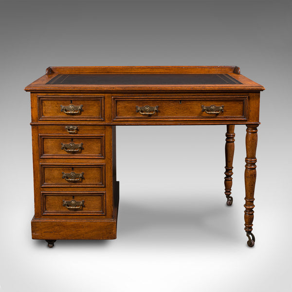 Antique Pedestal Desk, English, Oak, Leather, Writing Table, Victorian, C.1880