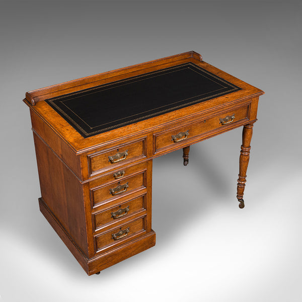 Antique Pedestal Desk, English, Oak, Leather, Writing Table, Victorian, C.1880