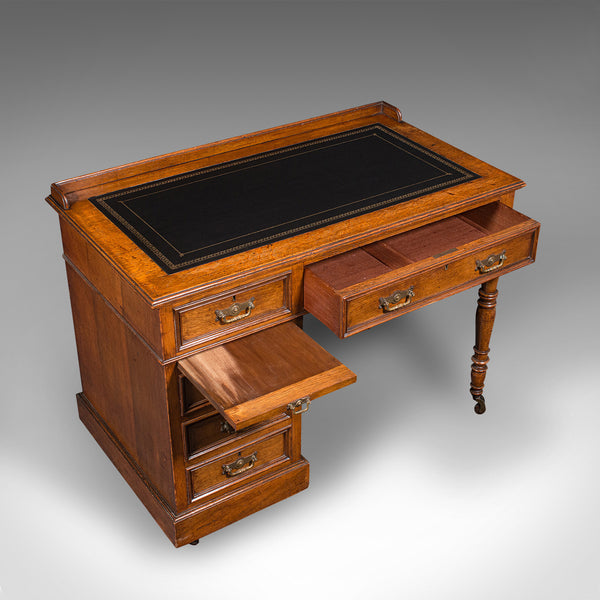 Antique Pedestal Desk, English, Oak, Leather, Writing Table, Victorian, C.1880