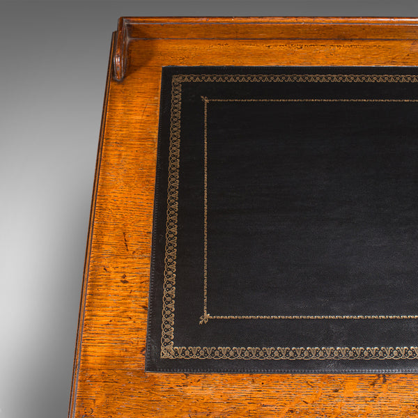 Antique Pedestal Desk, English, Oak, Leather, Writing Table, Victorian, C.1880