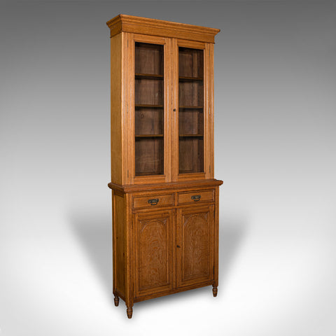 Antique Glazed Bookcase, English, Oak, Display, Hall Cabinet, Victorian, C.1900