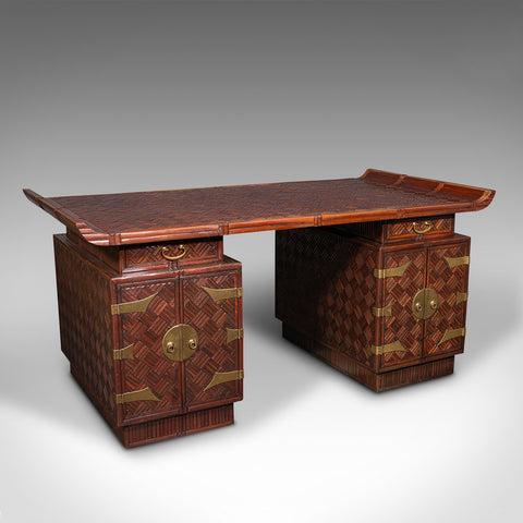 Large Vintage Partner's Desk, Oriental, Bamboo, Pedestal, Writing, Circa 1960