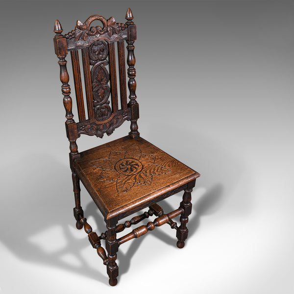 Antique Carved Hall Chairs, Scottish, Oak, Decorative, Side Seat, Victorian