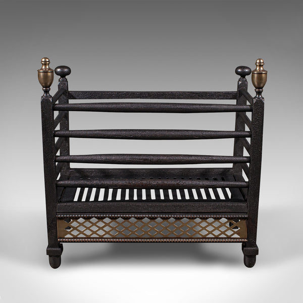 Antique Fire Basket, English, Cast Iron, Brass, Fireplace, Grate, Victorian