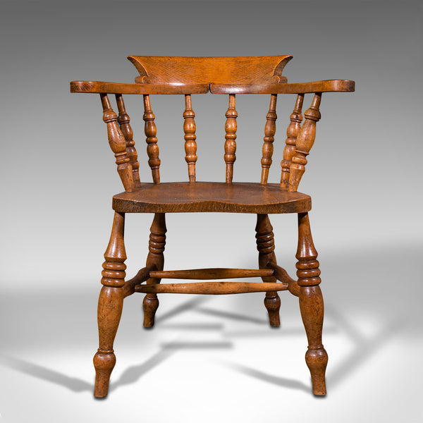 Antique Elbow Chair, English, Beech, Elm, Smoker's Bow, Captain, Victorian, 1900