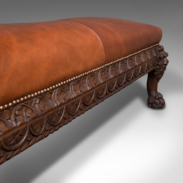 Antique Gothic Window Seat, Italian, Oak, Leather, Bench, Hall, Pew, Victorian