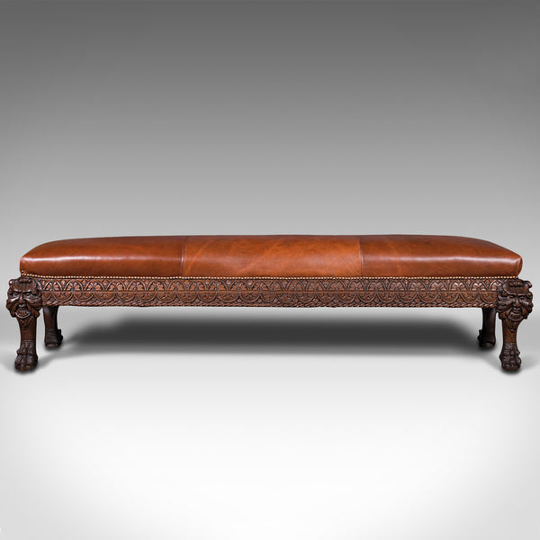 Antique Gothic Window Seat, Italian, Oak, Leather, Bench, Hall, Pew, Victorian