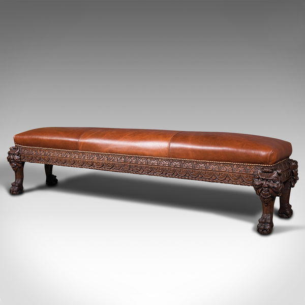 Antique Gothic Window Seat, Italian, Oak, Leather, Bench, Hall, Pew, Victorian