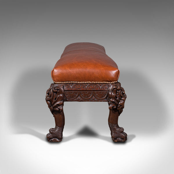 Antique Gothic Window Seat, Italian, Oak, Leather, Bench, Hall, Pew, Victorian