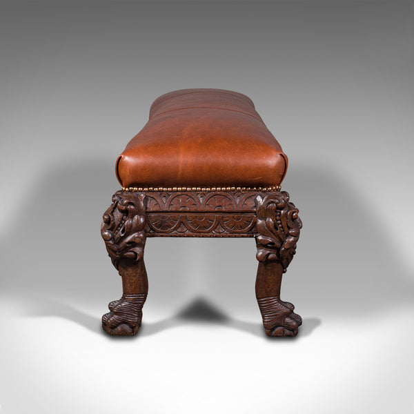 Antique Gothic Window Seat, Italian, Oak, Leather, Bench, Hall, Pew, Victorian