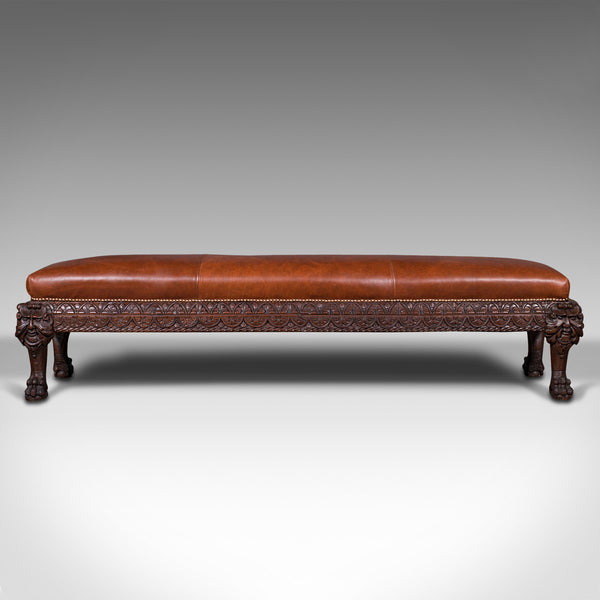 Antique Gothic Window Seat, Italian, Oak, Leather, Bench, Hall, Pew, Victorian