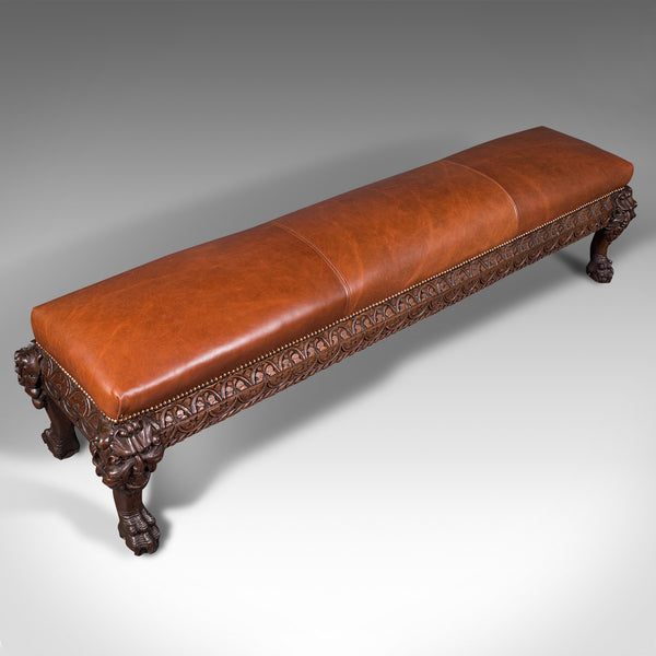 Antique Gothic Window Seat, Italian, Oak, Leather, Bench, Hall, Pew, Victorian