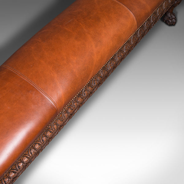 Antique Gothic Window Seat, Italian, Oak, Leather, Bench, Hall, Pew, Victorian