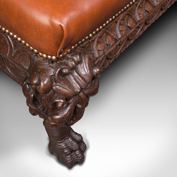 Antique Gothic Window Seat, Italian, Oak, Leather, Bench, Hall, Pew, Victorian
