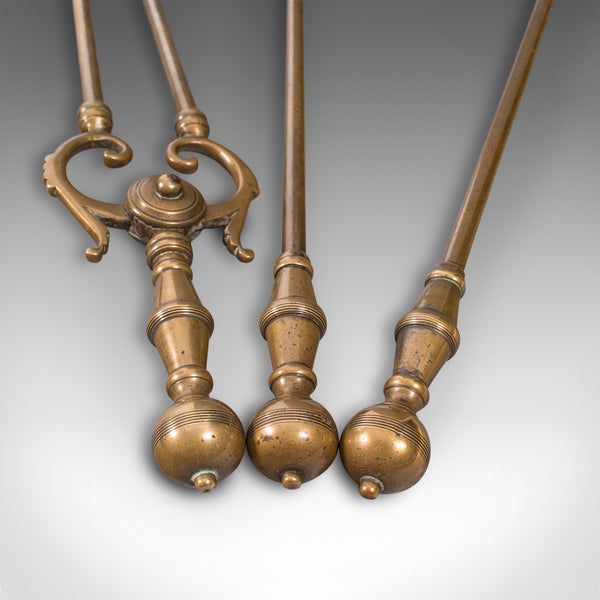 Set of Antique Fire Tools, English, Brass, Tongs, Shovel, Poker, Victorian, 1880