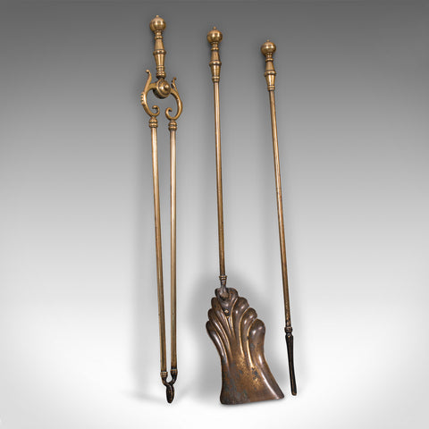 Set of Antique Fire Tools, English, Brass, Tongs, Shovel, Poker, Victorian, 1880