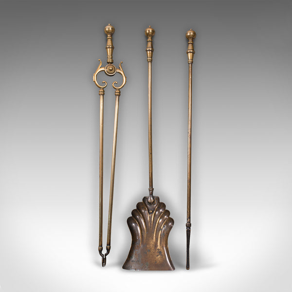 Set of Antique Fire Tools, English, Brass, Tongs, Shovel, Poker, Victorian, 1880